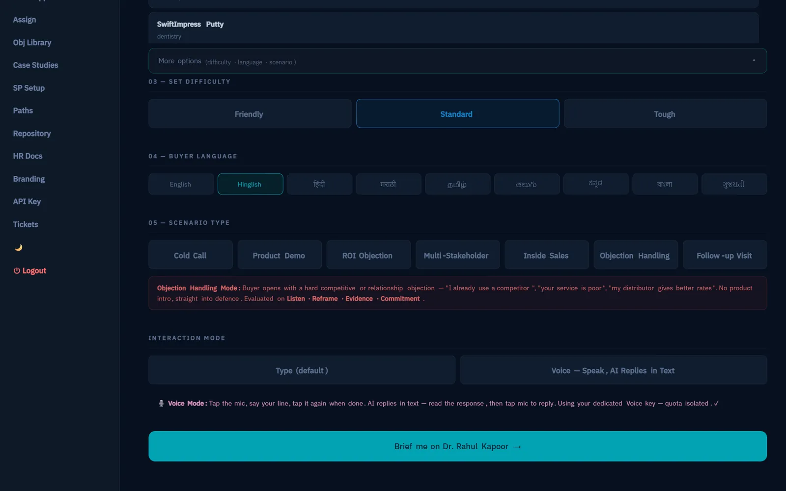 Roleplay setup: difficulty, language and scenario